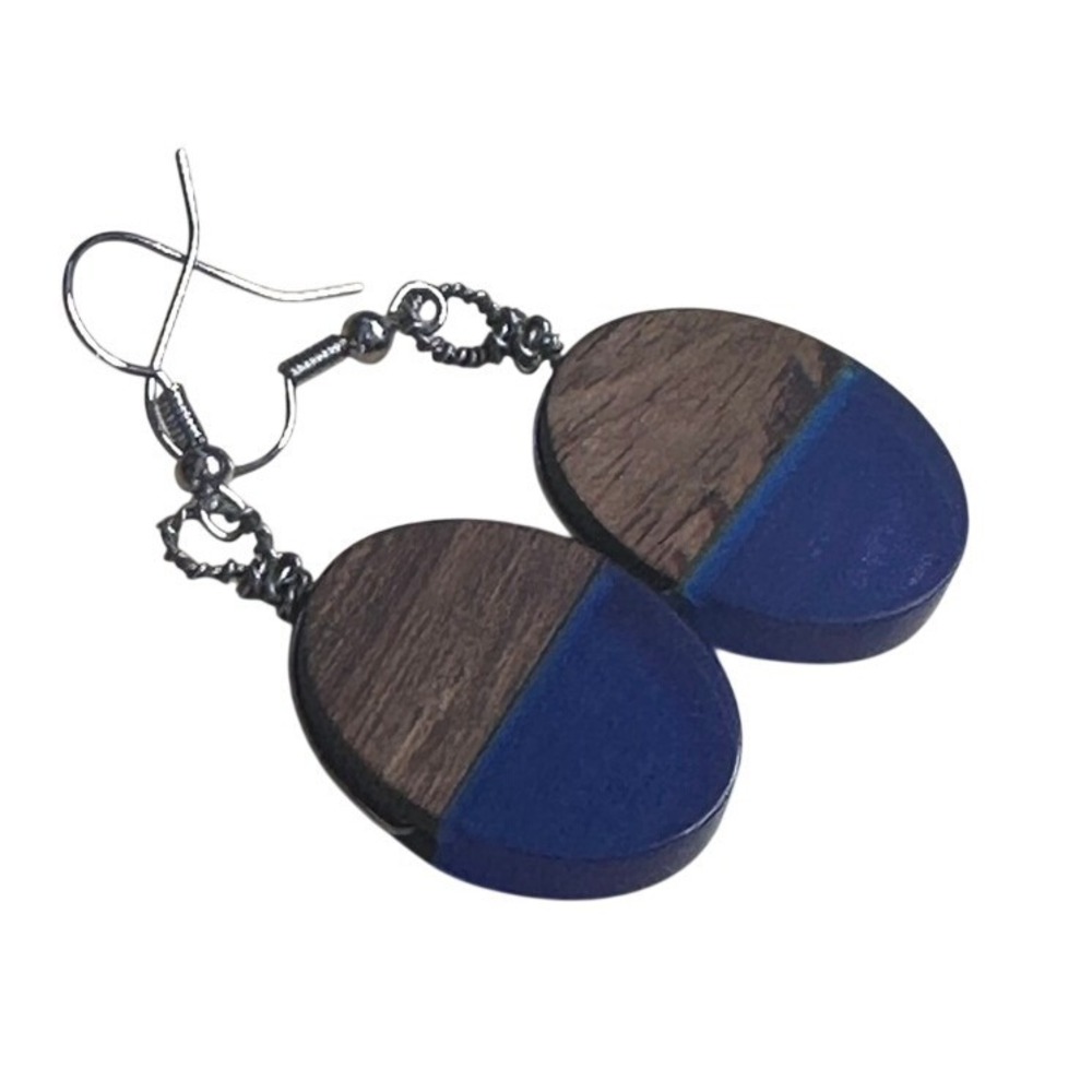 Handmade Wood and Blue Resin Oval Drop Earrings Silver Tone French Wire Dangles - Picture 2 of 2